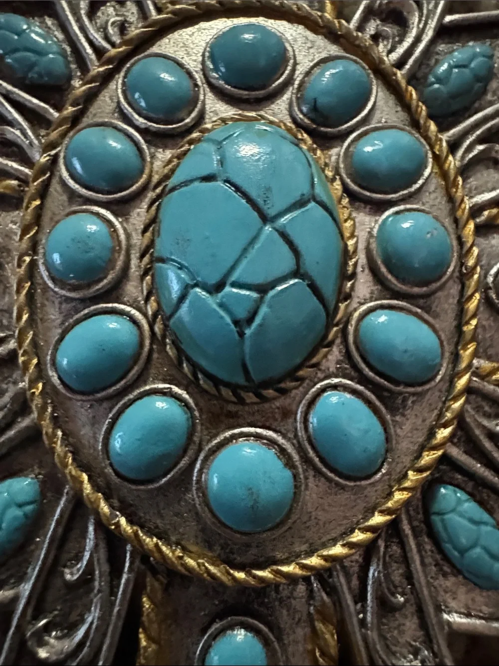 Simulated Turquoise Stone Silver Cross with Filagree Home Decoration Religious